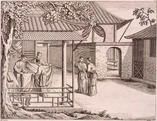 Vendita della seta dopo la tessitura, Cina, fine XVIII secolo