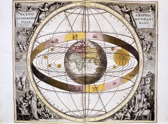 Sistema di universo tolemaico, geocentrico, centrato sulla Terra, con la posizione del Sole, della Luna e dei pianeti, da "Harmonia Macrocosmica" di Andreas Cellarius, Amsterdam