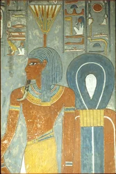 Antico Egitto, Pittura, Tomba di Horemheb, Tebe XVIII dinastia, Dio Nefertum e Nodo di Iside, Nefertum con copricapo di ninfea (foto)