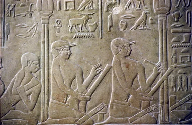 Antico Egitto, Rilievo/Incisione, Tomba di Merereuka, Mastaba di Merereuka, VI Dinastia, Saqqara, Anziani del villaggio costretti ad ammettere i loro errori fiscali ai funzionari (foto)