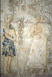 Antico Egitto, Incisione murale/pittura, Tomba di Petosiris, Tuna el Gebel, 300 a.C., Petosiris e sua moglie (foto)