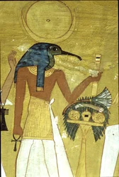 Antico Egitto, Pittura murale Tomba di Inherkhau, Tebe, Dio Thoth che introduce il defunto a Osiride, XX dinastia, Dio con testa di ibis con disco lunare