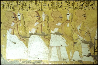 Antico Egitto, Pittura murale Tomba di Inherkhau, Tebe, Tomba dei Nobili, XX dinastia, Sacerdoti che versano libagioni per Inherkhau