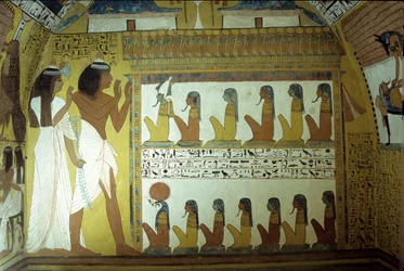 Antico Egitto, pittura murale, Tomba di Sennedjem, Sennedjem e sua moglie adorano gli dei dell