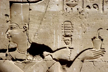 Antico Egitto, Pittura murale/incisione, Il faraone Tolomeo che scuote un sistro e offre incenso, Tempio di Horus, Edfu (foto)
