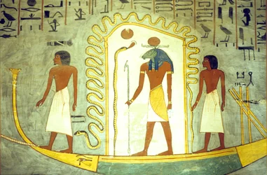 Antico Egitto, Pittura/Incisione murale, Tomba di Ramesse I, Tebe, Barca di Amon Ra trainata attraverso l