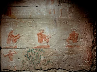 Antico Egitto: rilievo in calcare raffigurante scribi dalla Cappella di Mastaba in Akhethetep, intorno al 2300 a.C. V dinastia. Antico Impero. Da Saqqara (Sakkara). Parigi, Museo del Louvre
