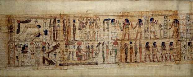 Arte egizia antica. Papiro mitologico di Serimen. In alto: durante la creazione del mondo, il dio Geb (Terra) è separato dalla dea Nut (cielo); dei e geni. In basso: Serimen rende omaggio al sole che lo inonda con i suoi raggi