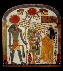 Arte dell’antico Egitto: stele di Taperet. La defunta Taperet rivolge una preghiera a Re-Horakhty (Re Horakhty, intorno al 900 - 800 a.C.), Parigi, Musée du Louvre