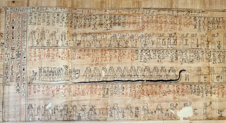 Antichità egizia: papiro tratto dal Libro delle Dimore Segrete. Questo libro è una rappresentazione commentata del viaggio sotterraneo del sole durante le dodici ore della notte. Prima disegnato sulle pareti delle tombe reali, fu poi trascritto su