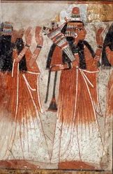 Antichità egiziana: frammento di murale dalla tomba di Niay che raffigura una sfilata di parenti del defunto. Dal sito di Dra Aboul Naga. XIX dinastia (1295-1186 a.C.)