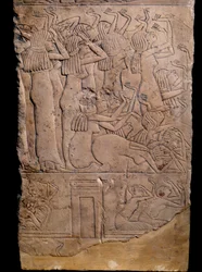 Antichità egizia: tomba memfita di Horemheb a Saqqarah, rilievo: pianto al funerale di Horemheb. XVIII dinastia (circa 1550-1295 a.C.)