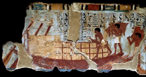 Antichità egizia: pittura murale dalla tomba tebana di Ounsou: trasporto del grano per acqua, serie di affreschi sull
