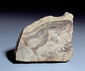 Antichità egiziana: ostrakon (o ostracon) (plurale: ostraca o ostraka) figura: scimmia che suona il doppio flauto (aulos) per far ballare un uomo. Pietra in calcare. XIX dinastia (ca. 1295-1186). Dal sito di Deir el-Medineh (el Medineh)