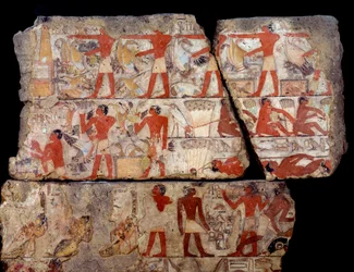 Antichità egizia: pittura della mastaba di Metchetchi. Scena di vita quotidiana (caccia, pesca, offerta) in Egitto al tempo della 6° dinastia. 2400-2300 a.C. Dal sito di Saqqara (Sakkara)