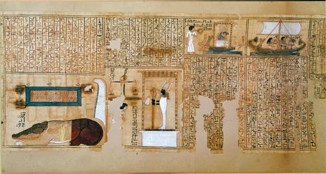 Antichità egizia: frammento del Libro dei Morti, papiro di Nebqed. Dettaglio che rappresenta la pesatura delle anime. XVIII dinastia. 1400-1350 a.C. Parigi, Museo del Louvre