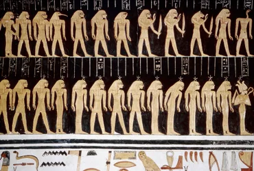 Luxor, Tebe: Valle dei Re, disegno di dio e dea sulla parete interna di un tempio