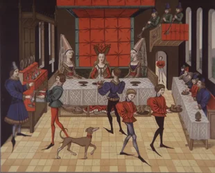 Dame aristocratiche medievali del XV secolo servite a cena