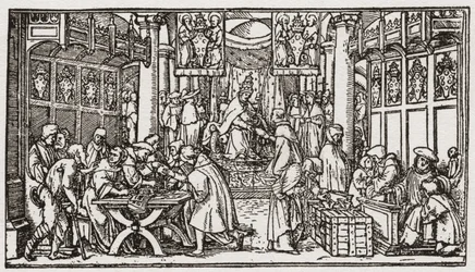 Vendita di indulgenze durante il periodo Tudor in Inghilterra (incisione)
