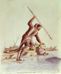 Inuit che pesca con la lancia