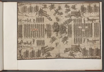 Una battaglia. Eserciti in formazione. Disegni di eserciti, soldati, cavalli e bardature, e altre scene militari. 1500-1650