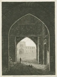 Castello di Dudley - Casa del portone e ingresso nord: incisione, nd [?XIX sec]