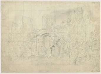 Castello di Dudley - il Barbican (disegno a matita, nd 19° sec)