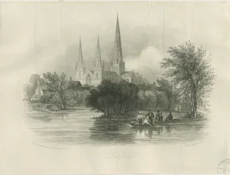 Cattedrale di Lichfield - Vista sud-ovest: incisione (vignettata), nd [c 1842]