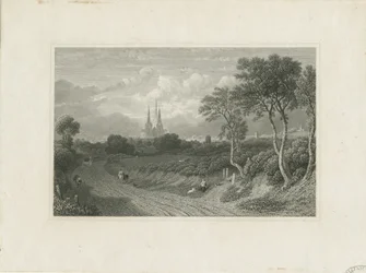 Cattedrale di Lichfield - Vista ovest (distanza): incisione, nd [?XVIII sec]