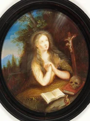 Maria Maddalena appoggiata a una riva, con gli occhi rivolti a un crocifisso