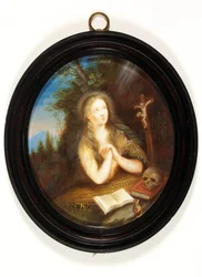 Maria Maddalena appoggiata a una banca, con gli occhi rivolti a un crocifisso