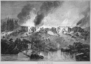 Coloni bianchi del New England attaccano il forte indiano Pequot durante la Guerra Pequot del 1637