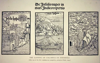 Lo sbarco di Colombo su Espaniola, da un opuscolo contemporaneo pubblicato a Basilea nel 1494