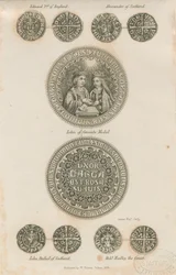Tutbury - Piatto di monete medievali: incisione, nd [c 1832]