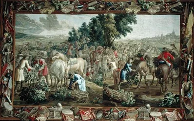 Arazzo doppio raffigurante raccoglitori di rami fuori città, laboratorio di Bruxelles