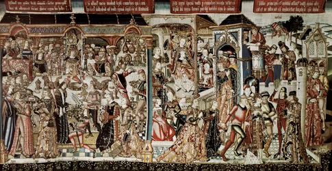 Il banchetto del re Assuero. Libro di Ester: il re Assuero (Serse I) diede ai grandi del suo regno un sontuoso banchetto che durò diversi giorni. Al settimo giorno, ordinò che la regina Vasti, adornata dei suoi abiti più belli, venisse a presentarsi