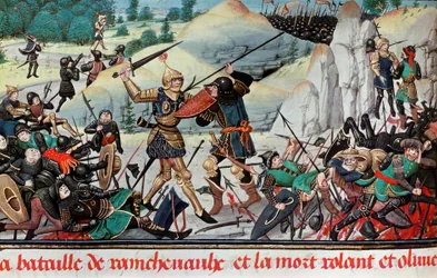 Morte del cavaliere Rolando, nipote di Carlo Magno, nella battaglia di Roncisvalle (778) tra l