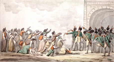 Distribuzione degli Assignats, Rivoluzione francese (incisione a colori)