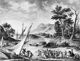 Rivoluzione francese: arresto degli ambasciatori francesi Charles Louis Huguet de Semonville (1759-1839) e Hugues Bernard Maret (1763-1839) a Novate il 25 luglio 1793. Incisione e disegno di Duplessi - Bertaux
