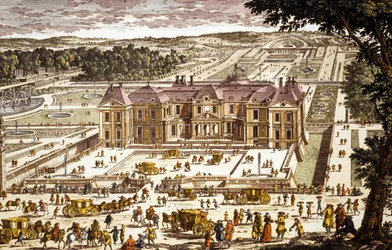 Veduta del castello di Vaux le Vicomte, costruito da Louis le Vau nel 1658-1661 per Nicolas Fouquet (incisione a colori)