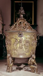 Fonte battesimale con un pannello in rilievo del Battesimo di Cristo, sostenuto da quattro figure inginocchiate che rappresentano i fiumi del paradiso, tedesco, c.1225-30 (bronzo)