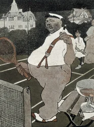 Tennis: uomo grasso, fumando e bevendo alcol, giocando a tennis - cartone animato tedesco