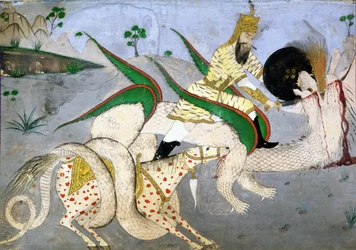 Un guerriero a cavallo che attacca un drago, illustrazione da un libro sui mistici indiani