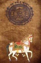 Cavallo, dipinto a mano e vecchia carta da bollo, Jaipur, Rajasthan, India