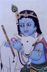 Signore Bal Krishna con mucca in miniatura su carta