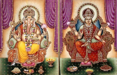 Signore Ganesh Ganpati Dea e Lakshmi Miniatura su Avorio