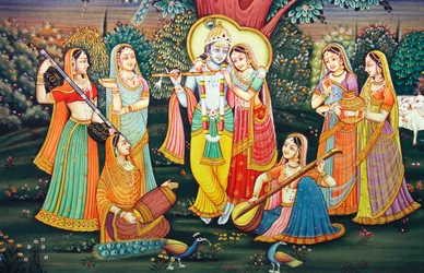 Radha Krishna con Sakhis che godono della musica