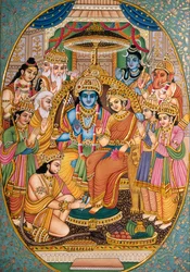 Ram-Darbar con altri dei Miniatura su carta