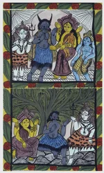 Shiva dà vita a Ganesha (Ganesh o Ganapati), tra le braccia di sua madre Parvati, dopo avergli tagliato la testa in un accesso di rabbia. Pat: rotolo dipinto della regione del Bengala, che serve come mezzo narrativo per i musicisti Baoul (o baul). Leonard 