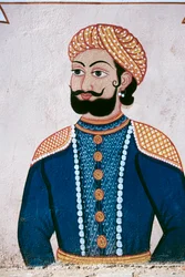 Pittura murale di un nobile Rajput, Jaipur, Rajasthan, India